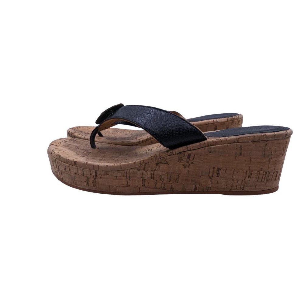 Carla Women's Wedge Sandal Shoes Embossed Lizard Leather Black Thong Size 9 US - Picture 6 of 8